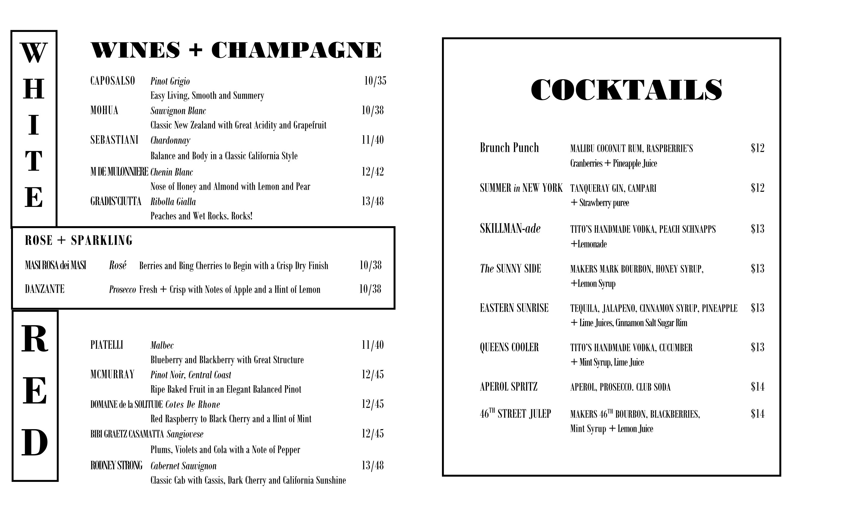 Cocktail and Wine Menu (Click to Enlarge)